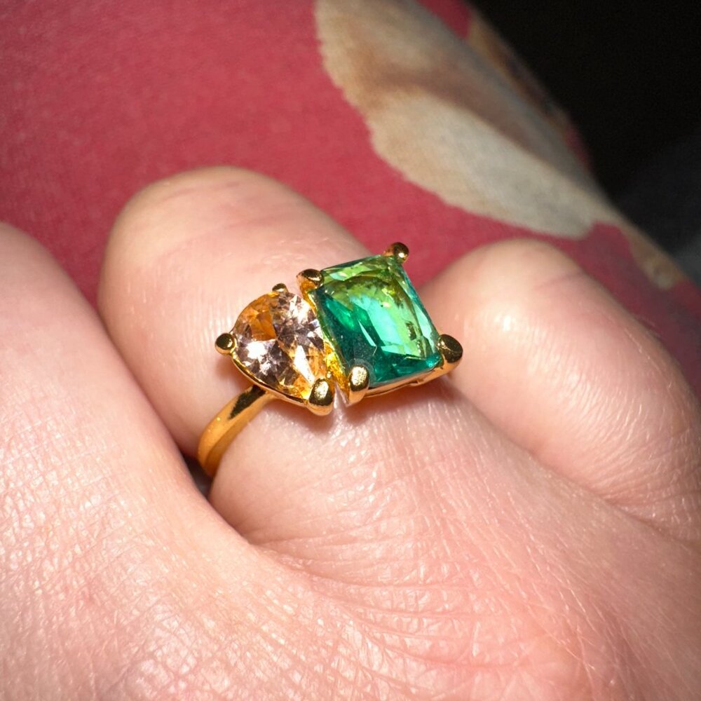 Toi et Moi Green and Orange cz fashion ring sz 7